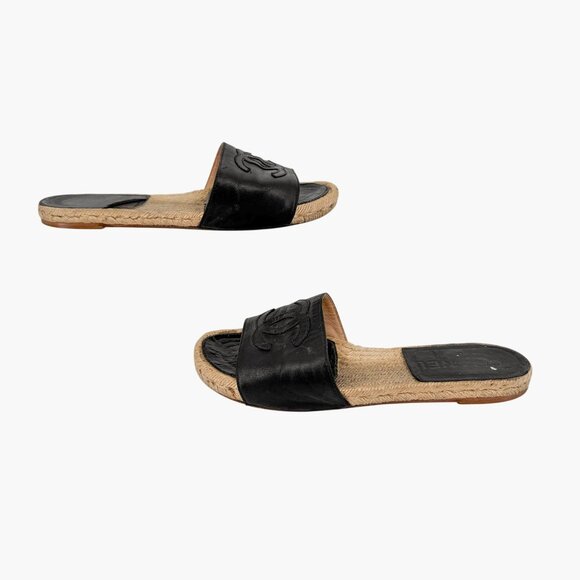 Chanel Black Leather CC Espadrille Slide Sandals Flats Size 38 US 7–7.5 Women's - Picture 7 of 15